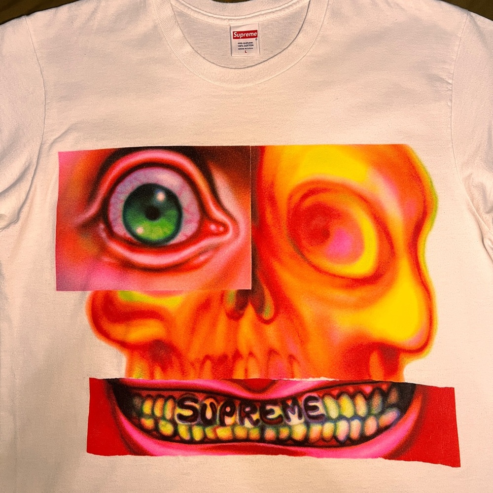 Supreme White Tee with Vibrant Skull and Eye Graphic